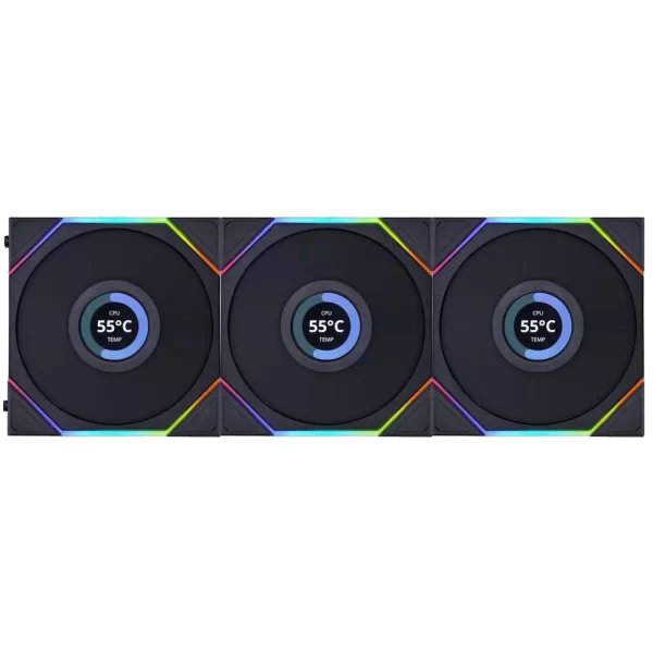 Lian Li UNI FAN TL LCD 120 Reverse Blade Triple Black Fan (12RTLLCD3B) - 3x 120mm fans, 1x UNI FAN Controller Cable (P-7P)
