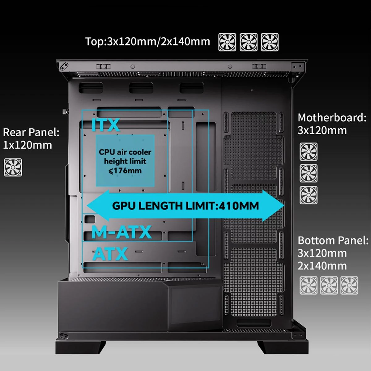 Jungle Leopard AX-8 LCD ARGB Case – Mid Tower, Màn Hình 5.5 Inch 23 Jungle Leopard AX-8 LCD ARGB hỗ trợ ATX BTF VGA 410mm radiator 360mm